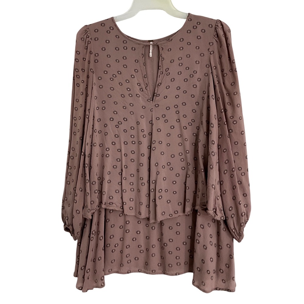 Free People Floral Tiered Mini‎ Dress Tunic Mauve Rose Long Sleeve Small